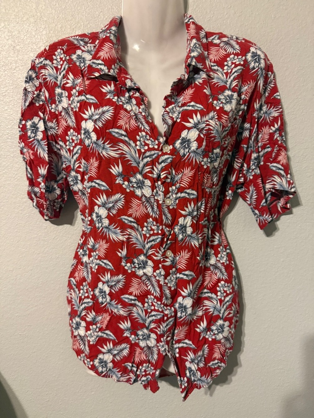 Red Floral Button-Front Camp Shirt